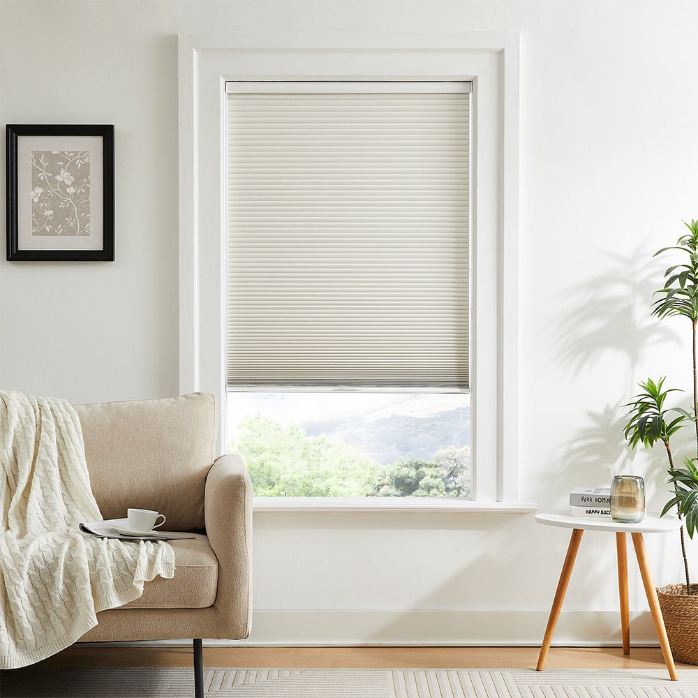Dual-core cellular shades with honeycomb design for effective insulation and soundproofing, enhancing home comfort.