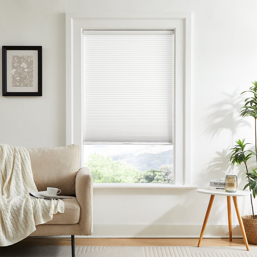 Modern living room featuring dual-core cellular shades with honeycomb design for insulation and soundproofing.