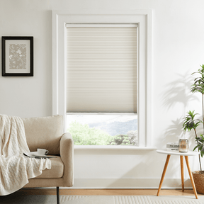Elegant dual-core cellular shades in a bright living room, providing soundproofing and insulation without cords.