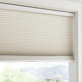 Dual-core cellular shades in cream color, offering sound insulation, heat resistance, and a no-cord system for easy use.